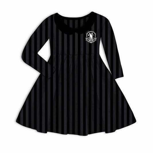 Ready to Ship--Adult + Kid-- Spooky Season NeverMore Gothic Striped Weds Twirl Dress! Logo! Black + Gray Stripes!