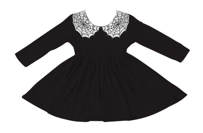 Ready to Ship- Wednesday Vibe Goth Black + Web Collar Spooky Season Twirl Dress!