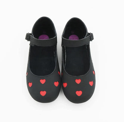 New Ready to Ship- Matte Black + Red Heart baby Goth Mary Janes! Wonderland!