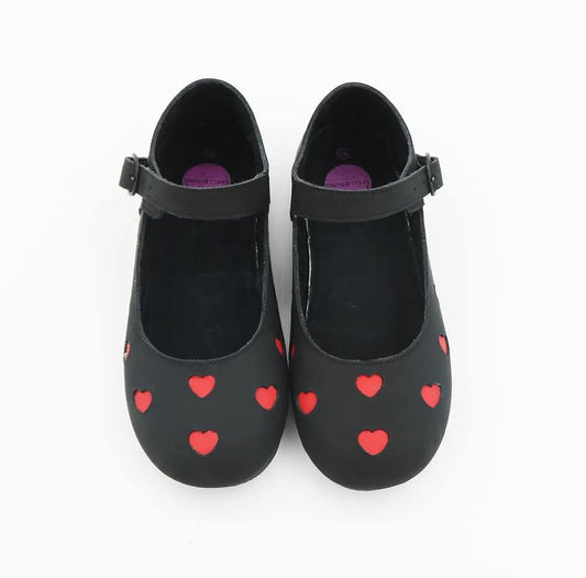 New Ready to Ship- Matte Black + Red Heart baby Goth Mary Janes! Wonderland!