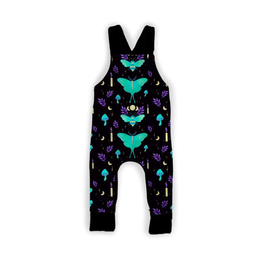 NEW Ready to ship- Kid's Light the Way Lunar Moth + Bees Witchy Bamboo Overalls! Moons + manifest!