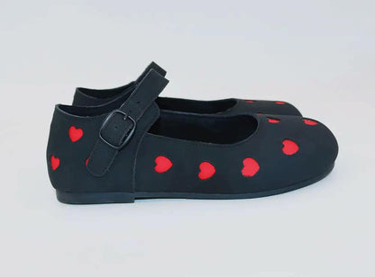 New Ready to Ship- Matte Black + Red Heart baby Goth Mary Janes! Wonderland!