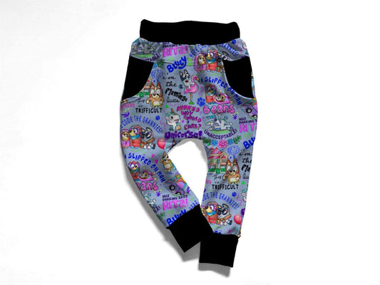 New Ready to Ship- Grannies Kids Bamboo Joggers! Blue Dog + Sayings!