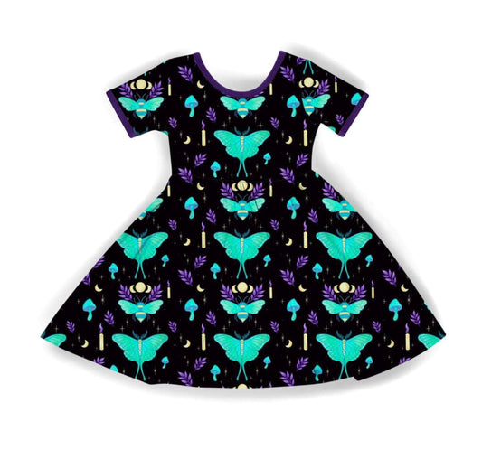 NEW Ready to Ship--Adult + Kid-- Light the Way Lunar Moth + Bee Witchy Black and Teal Bamboo Twirl Dress!