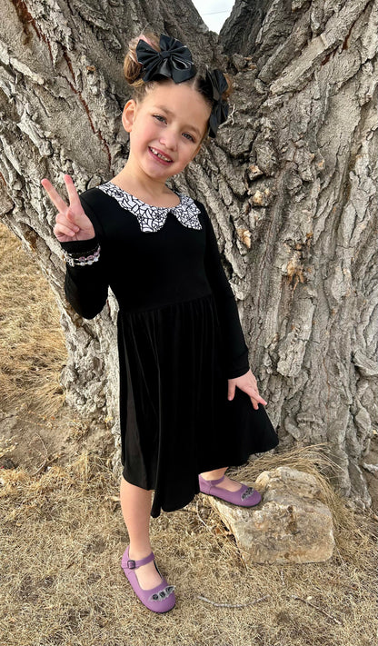 Ready to Ship- Wednesday Vibe Goth Black + Web Collar Spooky Season Twirl Dress!