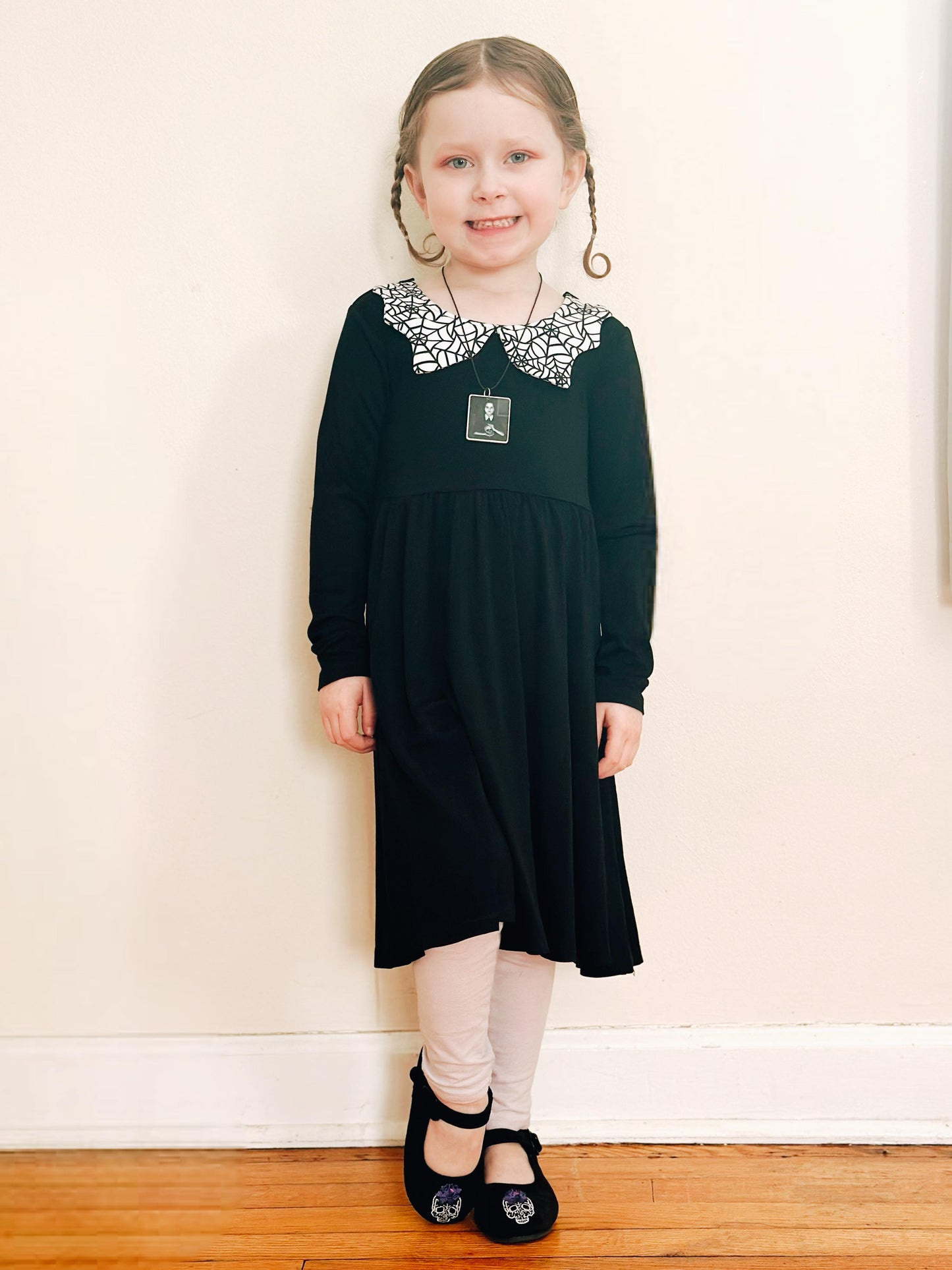 Ready to Ship- Wednesday Vibe Goth Black + Web Collar Spooky Season Twirl Dress!