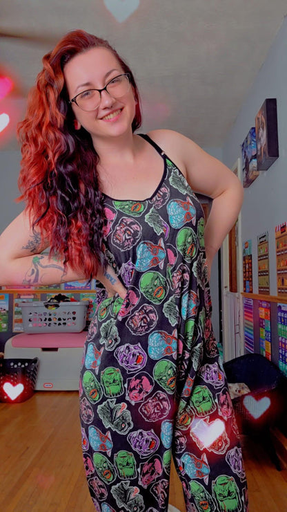 Ready to ship- Epic Monster Adult 2.0 Bamboo Overalls! Single Panel Front! Pockets! Drac + More!