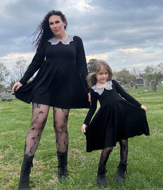 Ready to Ship- Wednesday Vibe Goth Black + Web Collar Spooky Season Twirl Dress!