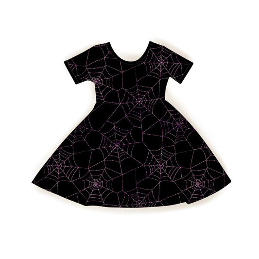 Ready to Ship-  The Mystical Purple Webs Alt Bamboo Twirl Dress! Spooky Season!