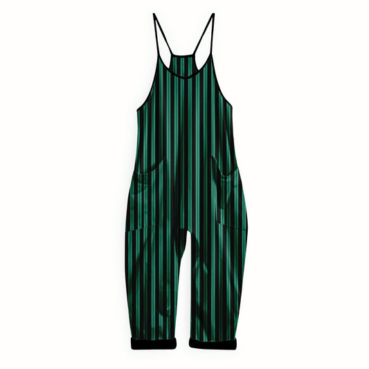 Ghostly Mansion Green + Black Stripe Bamboo Overalls! Alternative + Hip!