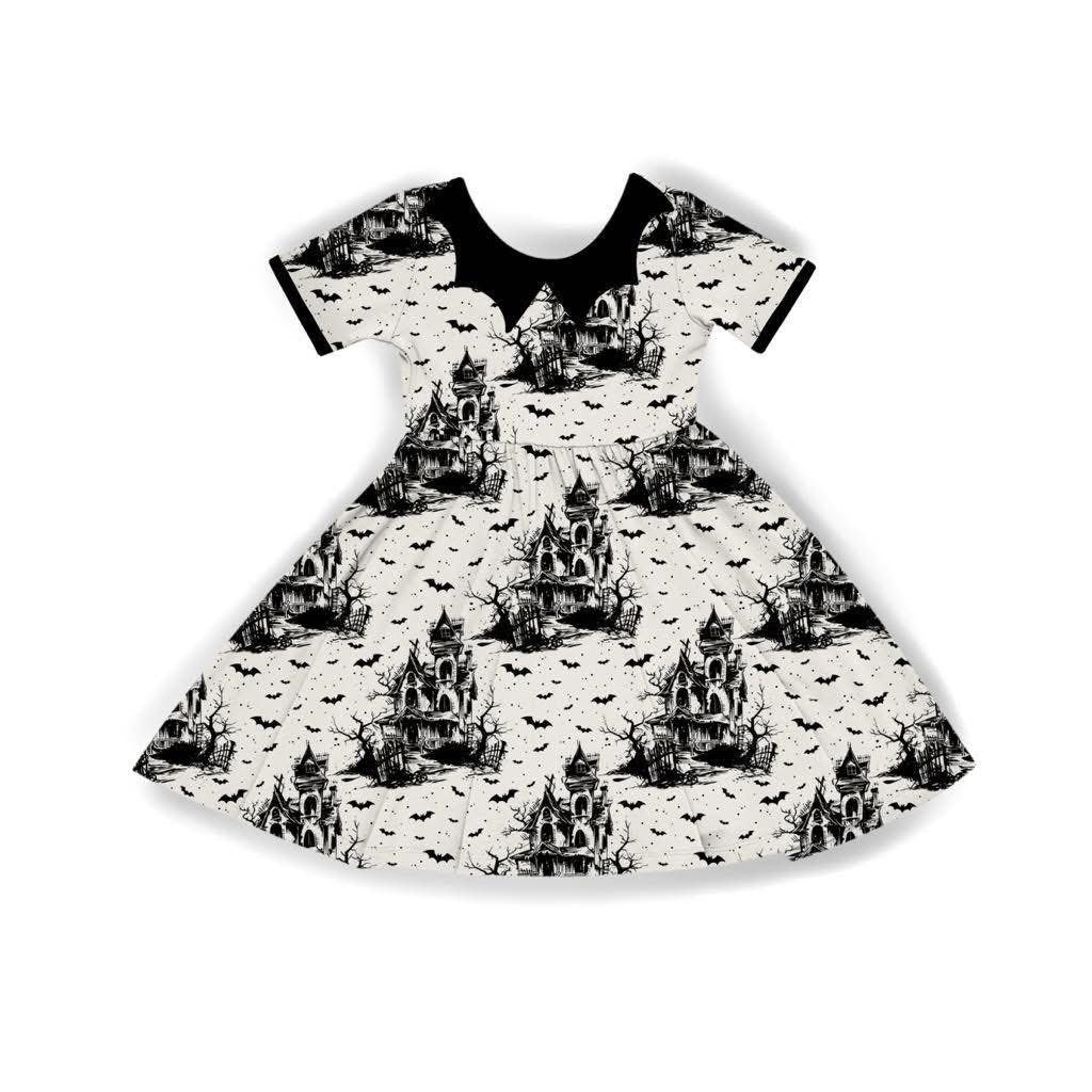 Ready to ship - The Haunted House Bat Collar Spooky Season Twirl Dress. Goth Coquette. All Haunted Houses