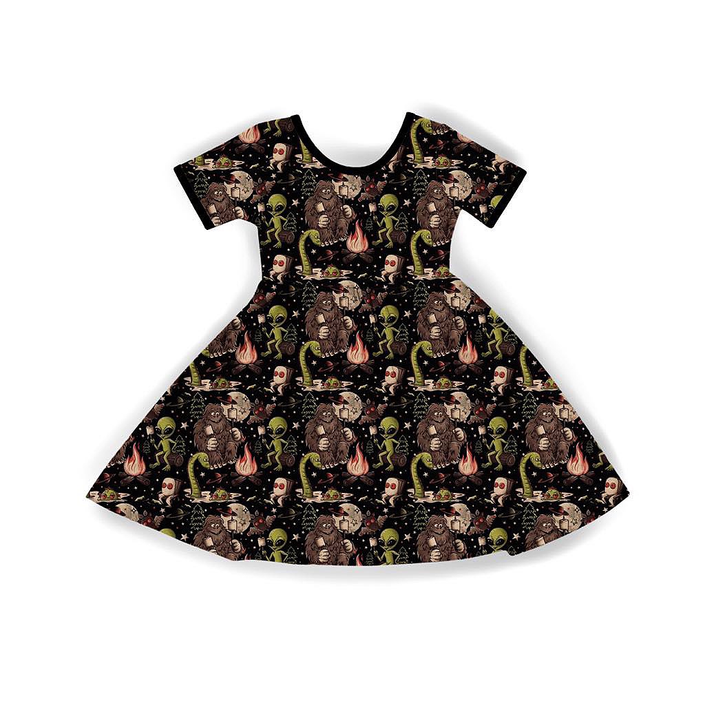 Ready to ship - The Kids Camping Cryptids BIgfoot + Campfire Bamboo Twirl Dress! Nessie + Mothman
