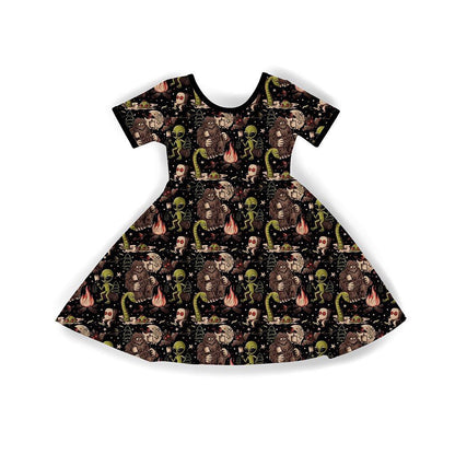 Ready to ship - The Kids Camping Cryptids BIgfoot + Campfire Bamboo Twirl Dress! Nessie + Mothman