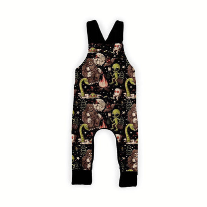 Ready to ship - The kids camping Cryptid Overalls! Adorable Bigfoot, Campfire Vibes! Believe in YOuRSELF!