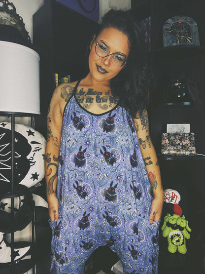 Ready to Ship-- Kids + Adult:  Botanical Mothman BamBOO Floral Cryptids Overalls