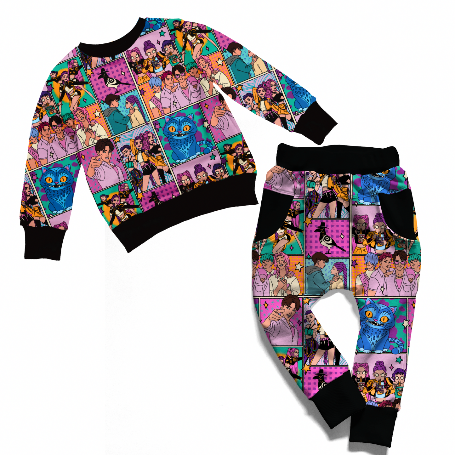 Ready to Ship -Kids Kpop Demon Two Piece French Terry Oversized Joggers + Crew Shirt Cozy Fall/Winter Set! PINK KPOP FRENCH TERRY