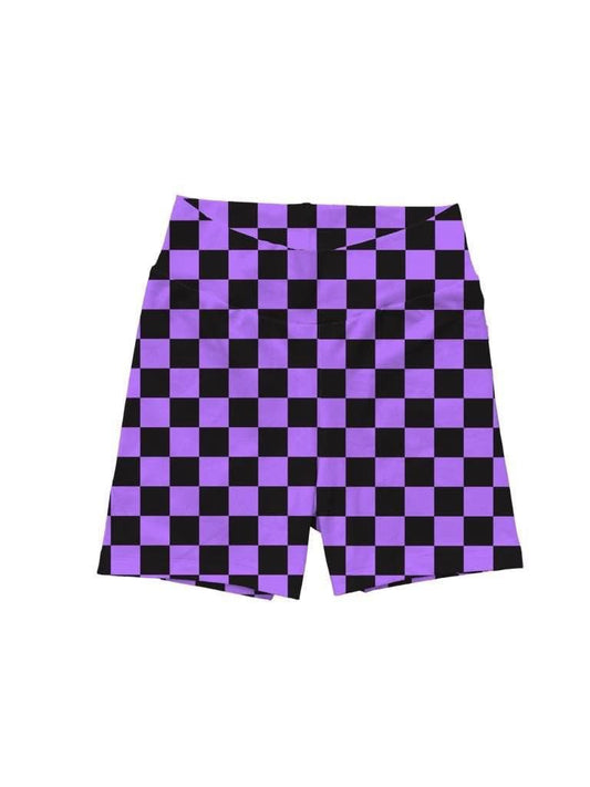 HalloWeen Purple Check Bamboo Biker Shorts. Purple + Black. Thick Waistband + Soft and comfy! (Copy)