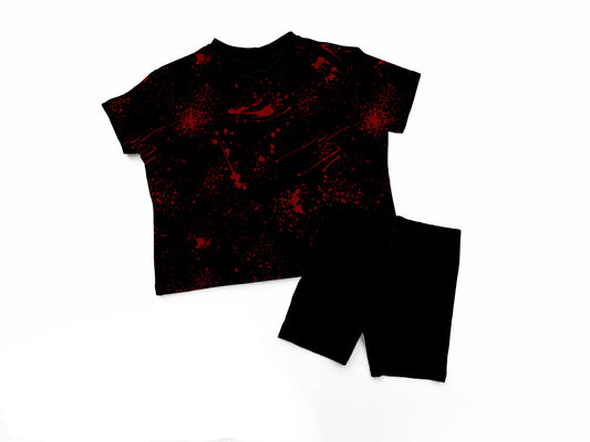 SLASHER KIDS + ADULT Black + Red Blood Splatter Boxy Shirt! Spooky Oversized Horror 90s! Scoop Neck!