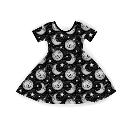Ready to ship: Adult + Kids- Deco Moon Vintage Black Witchy BamBOO Twirl dress