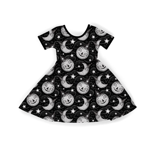 Ready to ship: Adult + Kids- Deco Moon Vintage Black Witchy BamBOO Twirl dress