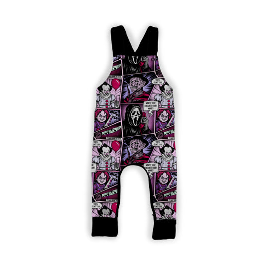 Ready to ship- 80s-90s Horror Comic BamBOOO Old School Overalls! Freddy + Chuck Horror Besties! SCREAM!