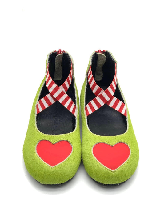 The Mean One Christmas Matte Red Heart + Green fur ballet flats! Candy cane straps!