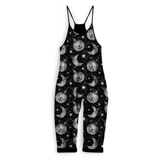 Monochromatic Vintage Deco Moons Witchy Black BamBOOO Boho Overalls! Celestial Magical!