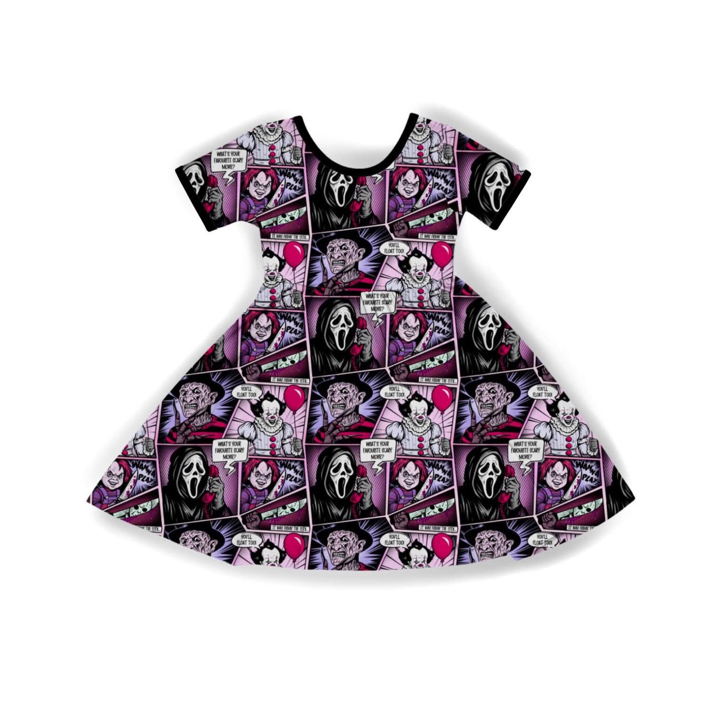 Ready to ship- Adult + Kids- Vintage Horror Comic Pinky Goth BamBOOO Twirl Dress! SCREAM + CHUCK! Whats your Fav Scary Movie!