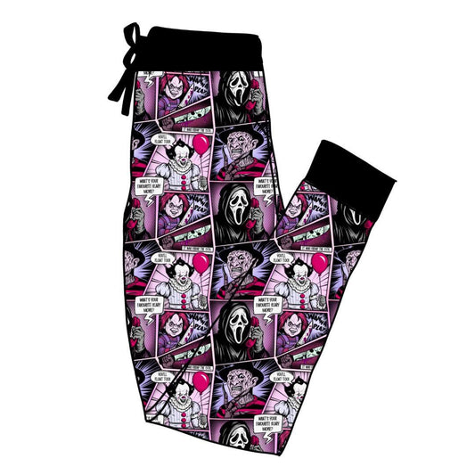 Ready to ship- 90s Horror Comic What's your Fav Scary Movie Character Joggers! Chucky SCREAMM!!