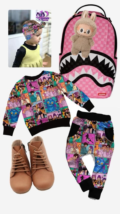 Ready to Ship -Kids Kpop Demon Two Piece French Terry Oversized Joggers + Crew Shirt Cozy Fall/Winter Set! PINK KPOP FRENCH TERRY