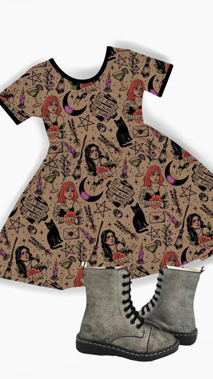 Ready to ship- Witchy Kids and Adult Bamboo Witchy Twirl Dress! Characters + Magical!