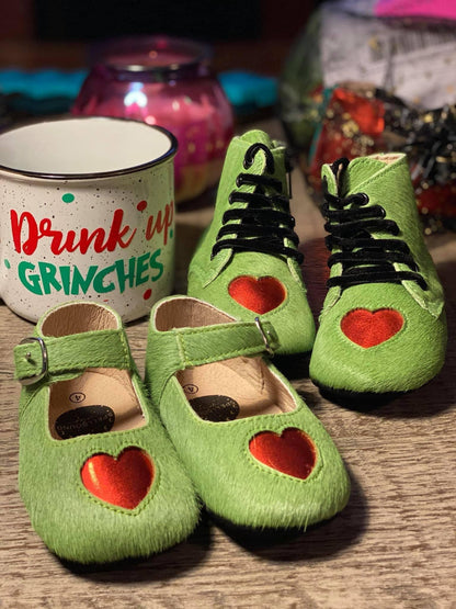 Ready to Ship --The Mean One Christmas Matte Red Heart + Green fur vintage Nyx Booties! Short Boots