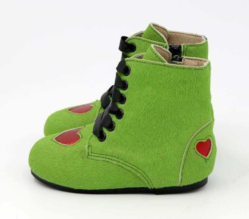 Ready to Ship --The Mean One Christmas Matte Red Heart + Green fur vintage Nyx Booties! Short Boots