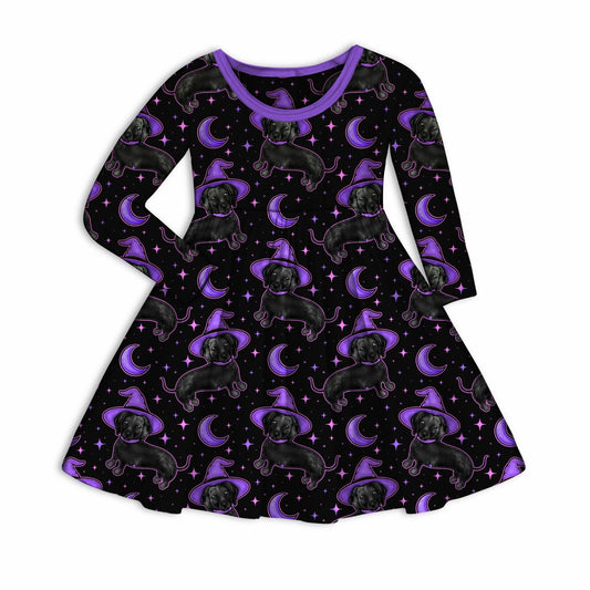 Adult + Kids- Witchy Pup Twirl Dress! Spooky Dog Bamboo!