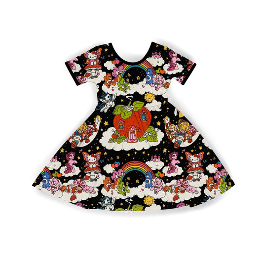 Adult + Kids- Childhood Nostalgia Black Vintage Cartoons Bamboo Twirl Dress! Favorite Vintage Cartoons!