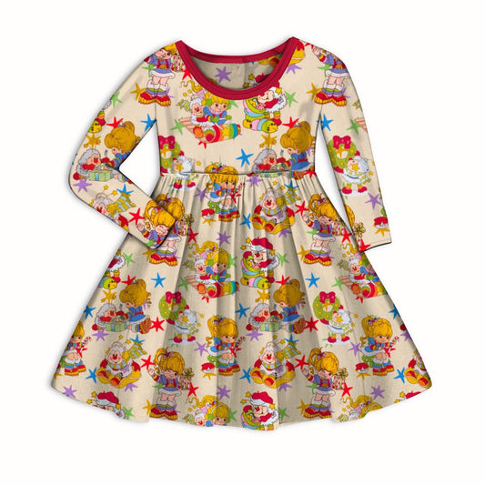 1980s Christmas Rainbow + Friends Vintage Babydoll Twirl Dress! Santas Sleigh!