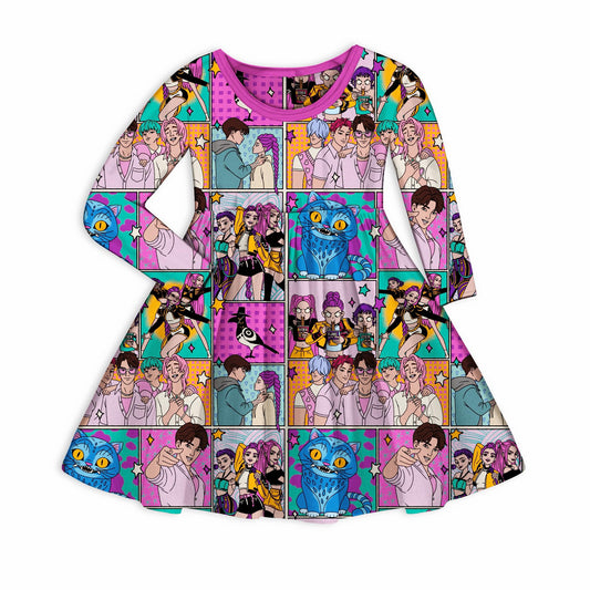 Adult + Kids- Long Sleeve Hunter Girl Demons BamBOOO Twirl Dress! HuntrixX!
