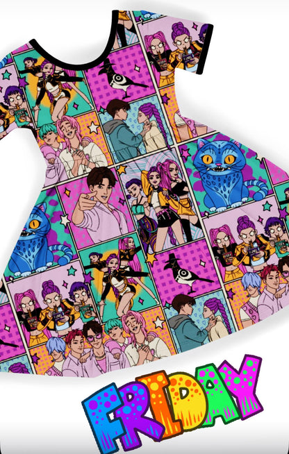 Adult + Kids- SHORT Sleeve Hunter Girl Demons BamBOOO Twirl Dress! HuntrixX!