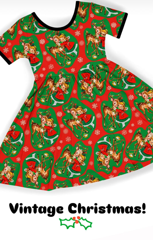 Adult + Kids Christmas Retro Reindeer Bamboo Twirl Dress! Vintage + Nostalgic!
