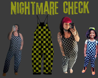 Ready to Ship Kids + Adult: Gray + Black Check Bamboo Slouchy Overalls! Adjustable Straps!