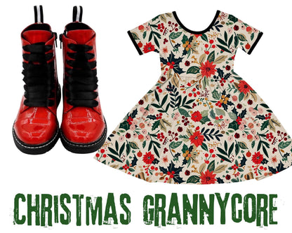 Adult + Kids Vintage Christmas Floral Grannycore  Bamboo Twirl Dress! Retro Poinsettias + Holly!