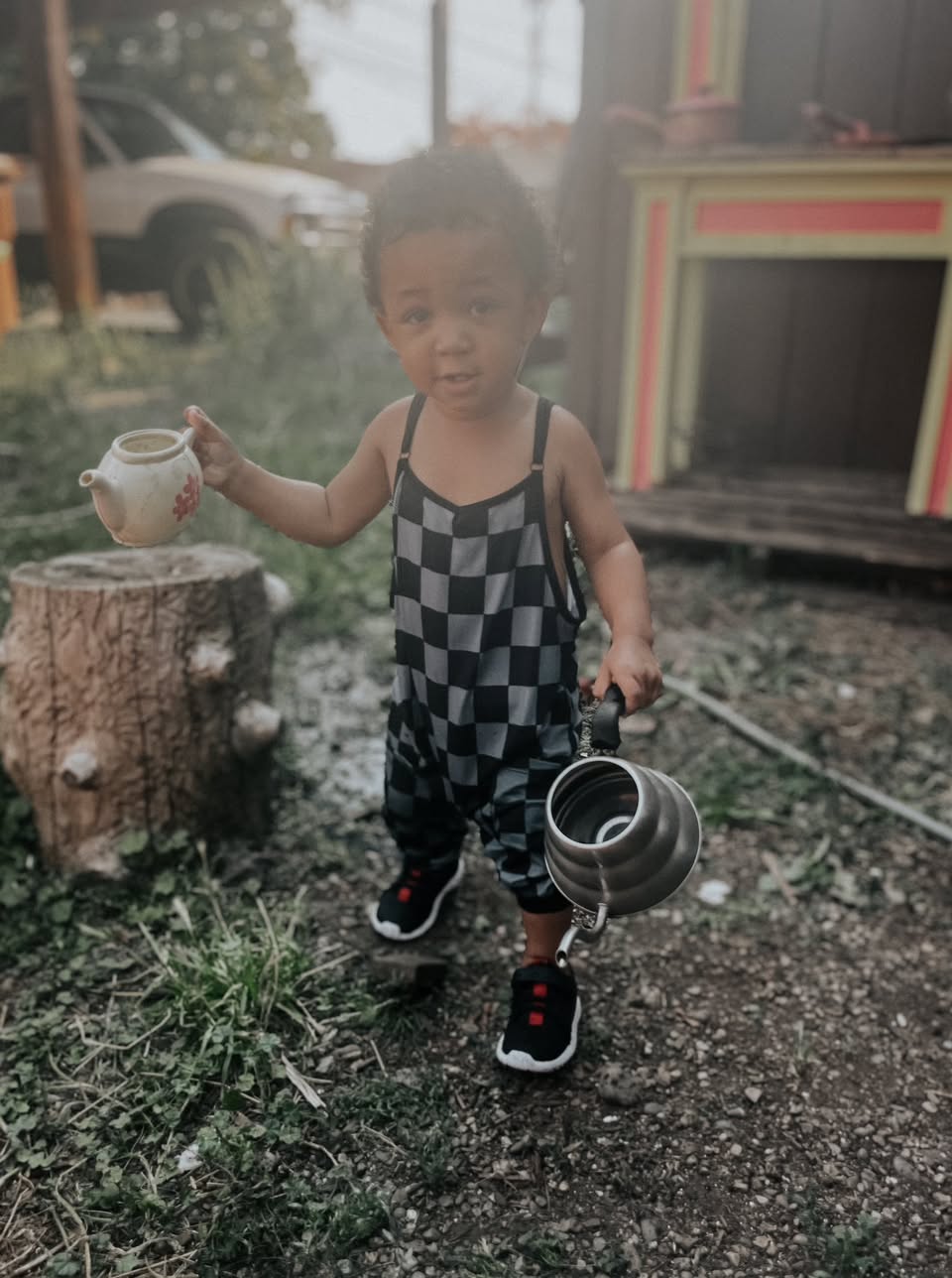 Ready to Ship Kids + Adult: Gray + Black Check Bamboo Slouchy Overalls! Adjustable Straps!