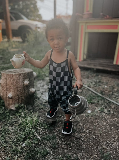 Ready to Ship Kids + Adult: Gray + Black Check Bamboo Slouchy Overalls! Adjustable Straps!