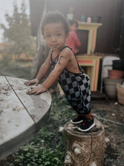 Ready to Ship Kids + Adult: Gray + Black Check Bamboo Slouchy Overalls! Adjustable Straps!