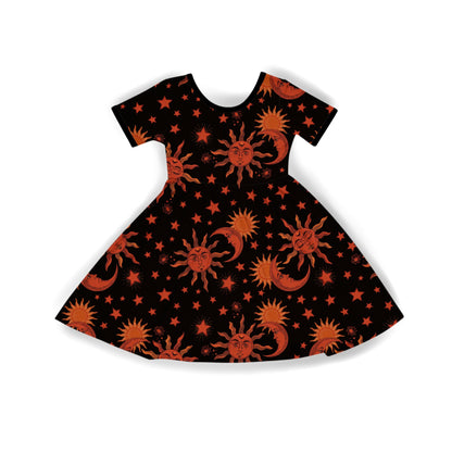 Ready to Ship! Practically Magic! Always wanted to be a 90s witch Sabrina Vintage Moon + Stars Black BamBOO babydoll Twirl dress
