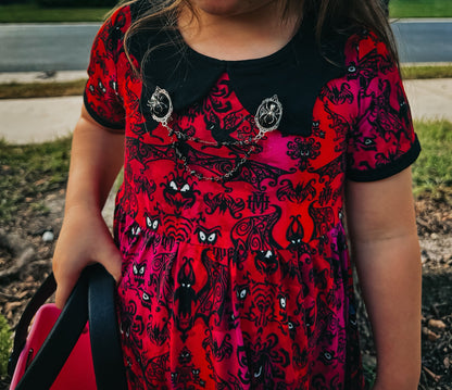 Ready to ship -CHRISTMAS Ghostly Mansion Magical wallpaper Bamboo Twirl Dress with Bat Collar! Halloween + Not Scary!