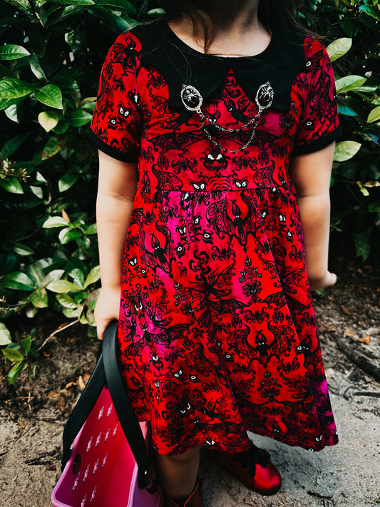 Ready to ship -CHRISTMAS Ghostly Mansion Magical wallpaper Bamboo Twirl Dress with Bat Collar! Halloween + Not Scary!