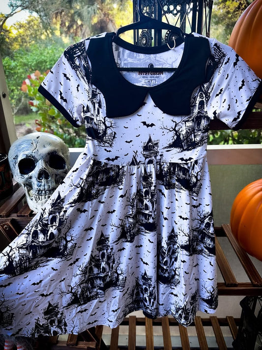 Ready to ship - The Haunted House Bat Collar Spooky Season Twirl Dress. Goth Coquette. All Haunted Houses