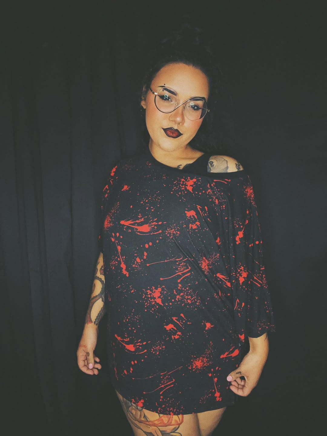 Ready to ship - Black + Red Blood Splatter Boxy Shirt! Spooky Oversized Horror 90s! Scoop Neck!