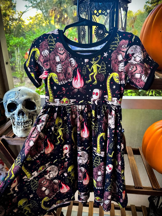 Ready to ship - The Kids Camping Cryptids BIgfoot + Campfire Bamboo Twirl Dress! Nessie + Mothman